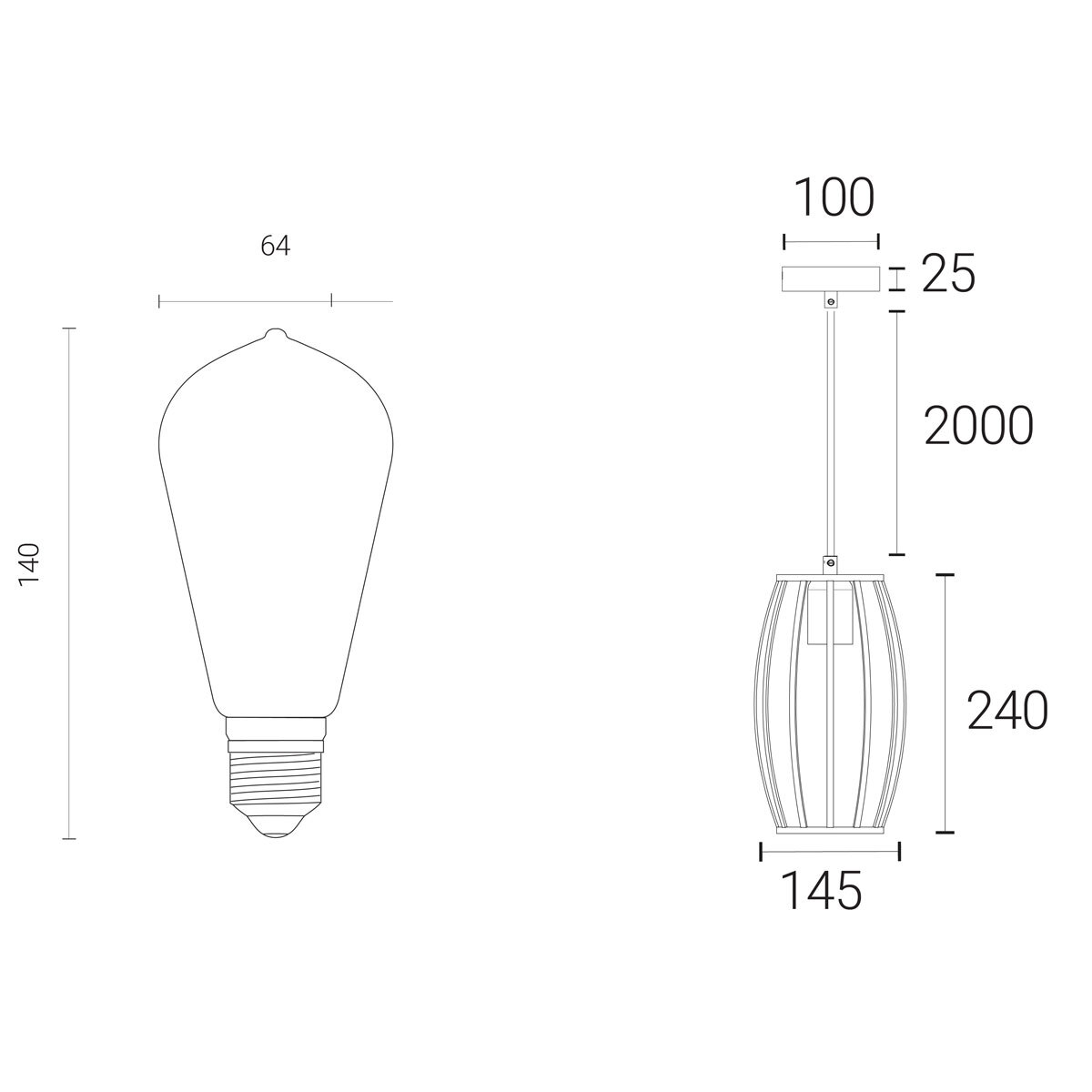 Line drawing of light on white background with dimensions