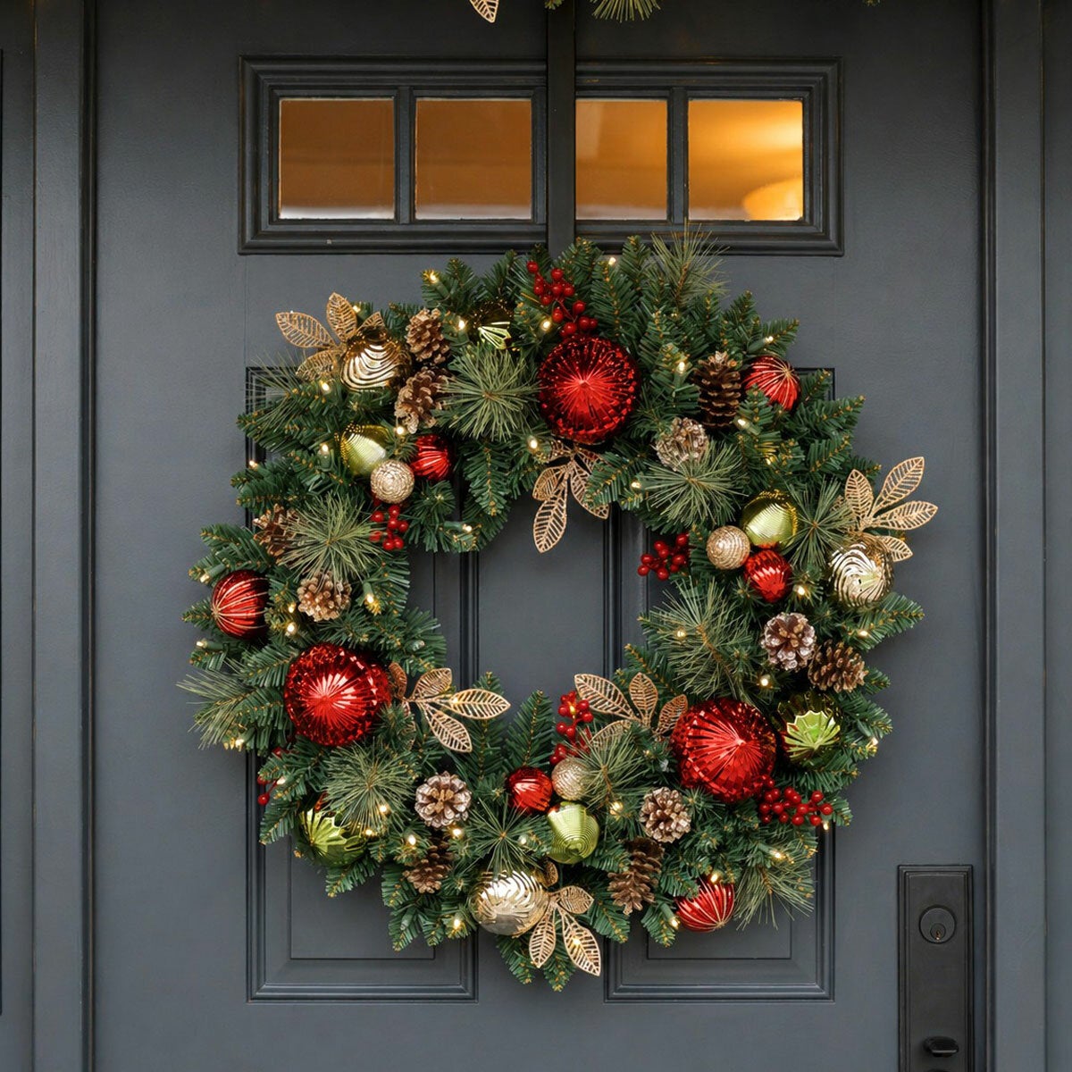 30 inch (76cm) Pre-Lit Decorated Wreath with 50 LED Lights in Red 30 inch (76cm) Pre-Lit Decorated Wreath with 50 LED Lights in Red