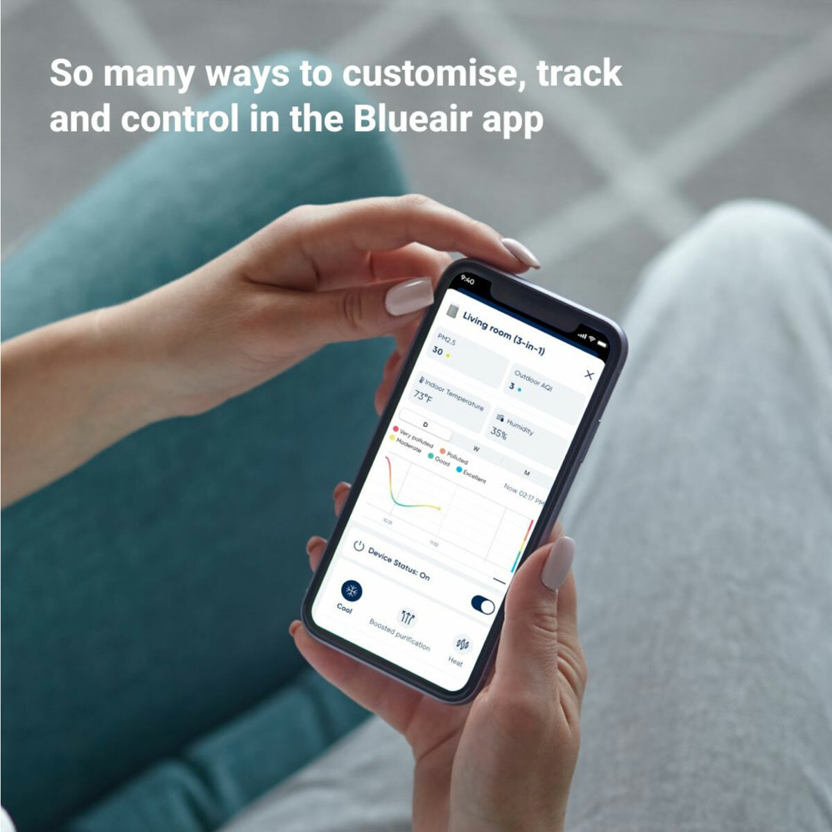 Lifestyle image of Blueair T20i ComfortPure™ 3-in-1 Air Purifier to customise, track and control on teh Blueair app Lifestyle image of Blueair T20i ComfortPure™ 3-in-1 Air Purifier to customise, track and control on teh Blueair app