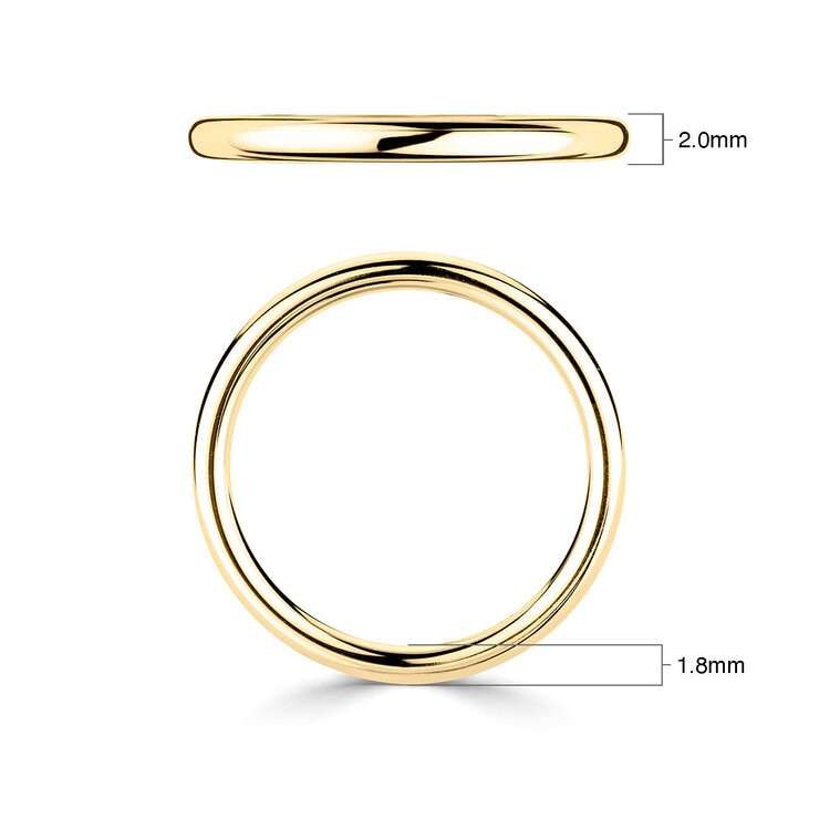 2.0mm Basic Court Wedding band. 18ct Yellow Gold