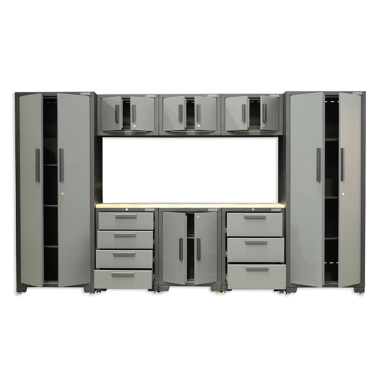 Tool storage cabinets with open draws and doors on white background