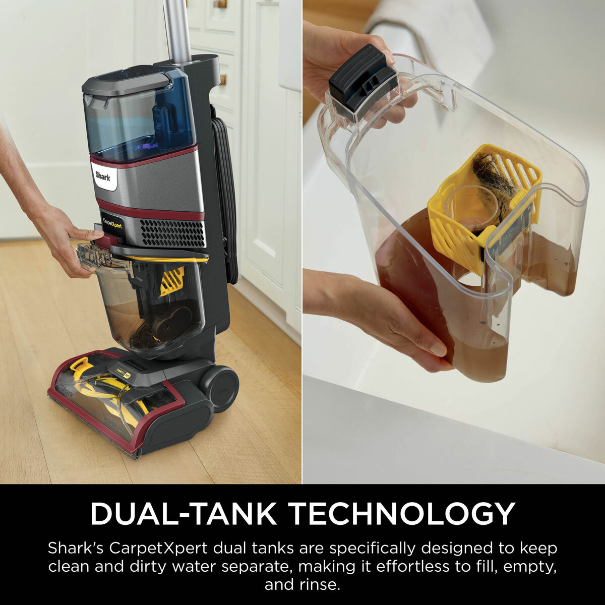Lifestyle image of Shark CarpetXpert HairPro Pet Deep Carpet Cleaner showing dual tank technology