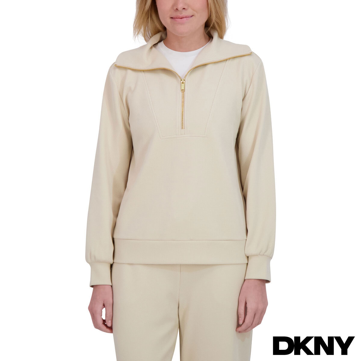 DKNY Ladies Waffle Knit 1/2 Zip in Cream