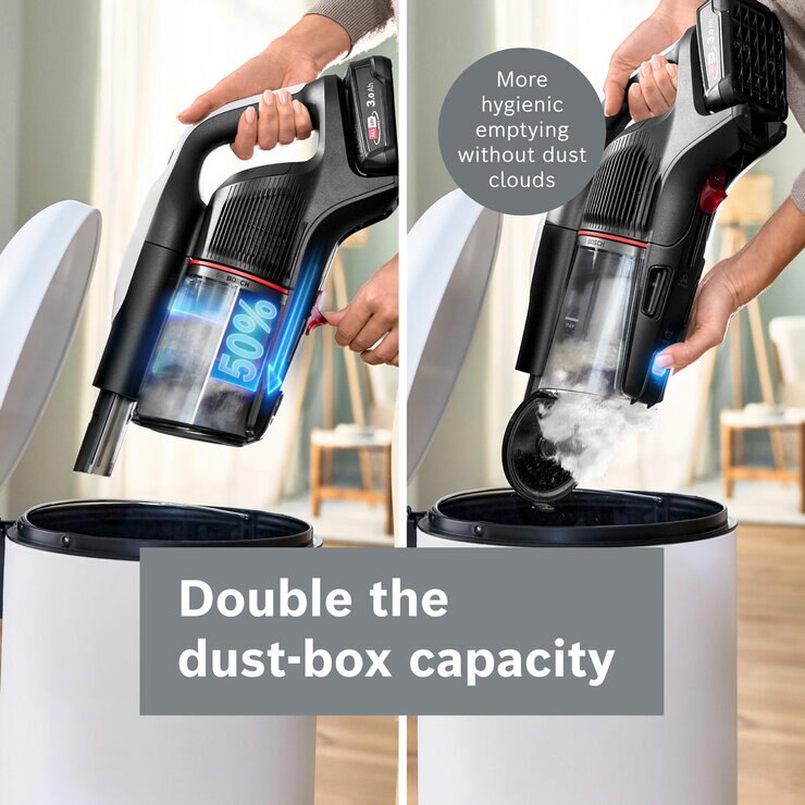Lifestyle image showing hygienic emptying without dust clouds