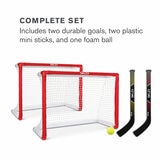 Studio image of the included goals, mini stock and foam ball