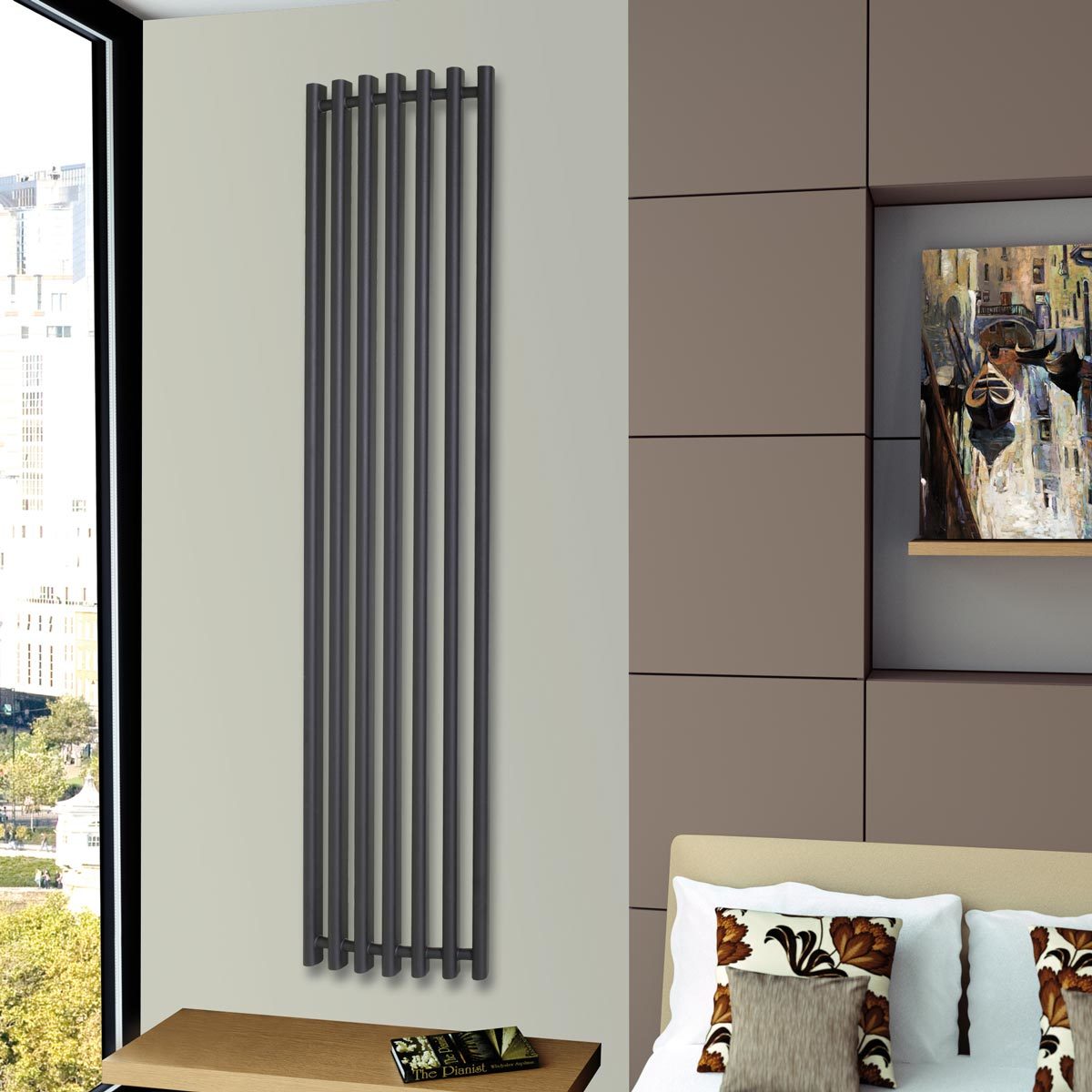 Lifestyle image of radiator in bedroom setting next to window