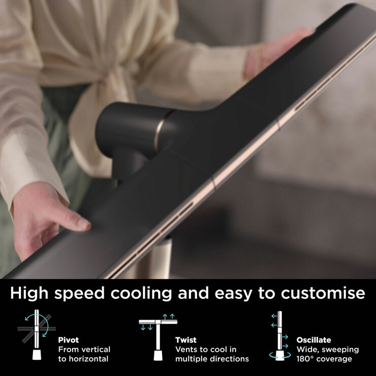 Lifestyle image of  Shark TurboBlade Multi-Directional Cooling Fan pivoting, twisting and oscillating