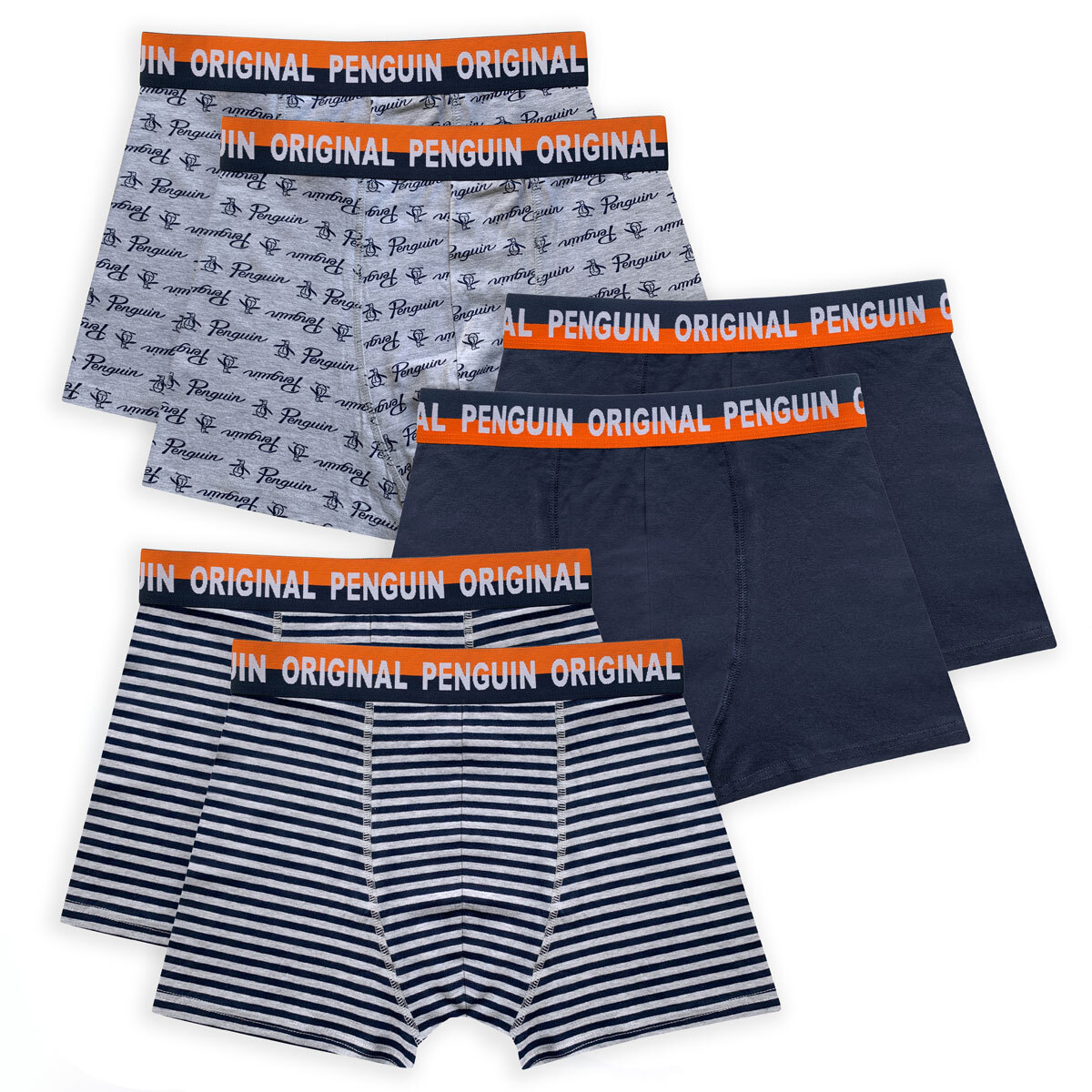 Original Penguin Men's 6 Pack Boxer Shorts in Grey and Navy, 3 Sizes