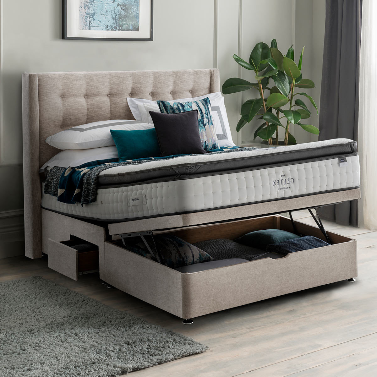 Silentnight Ottoman Divan Base with Bloomsbury Headboard in Sandstone in 3 Sizes