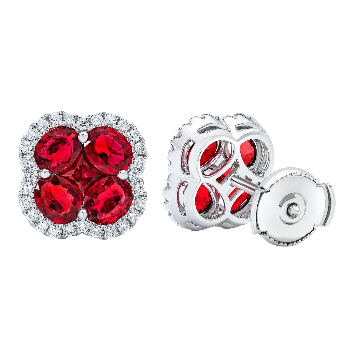 Oval & Princess Cut Ruby & 0.27ctw Diamond Clover Stud Earrings, 14ct White Gold