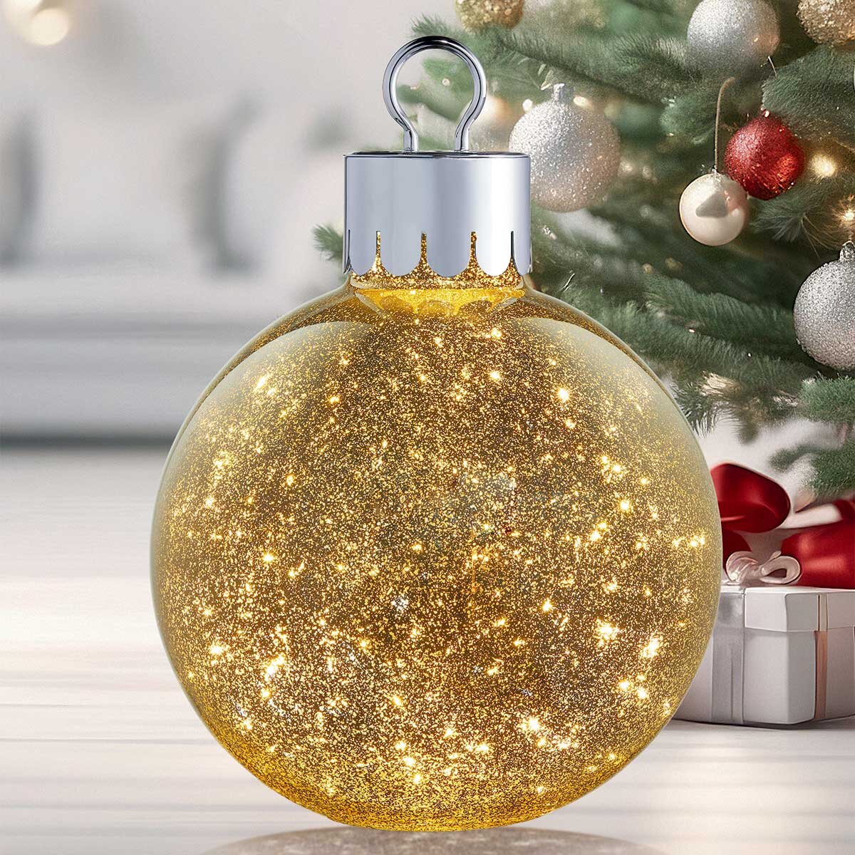 15.7 Inches (1.3ft) Glass Oversized Ornament with 60 LED Lights in Gold