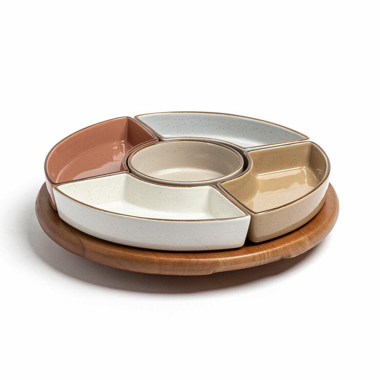 Over & Back Acacia Lazy Susan, with 5 Stoneware Dishes Over & Back Acacia Lazy Susan, with 5 Stoneware Dishes