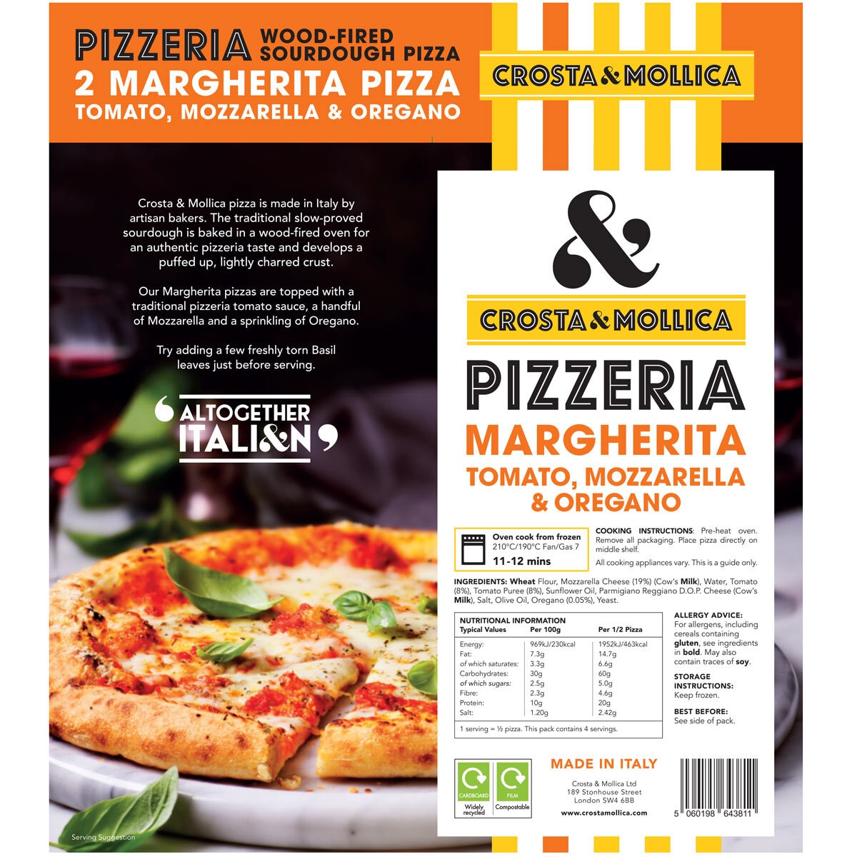 Back of pack of Crosta & Mollica Margherita Pizza