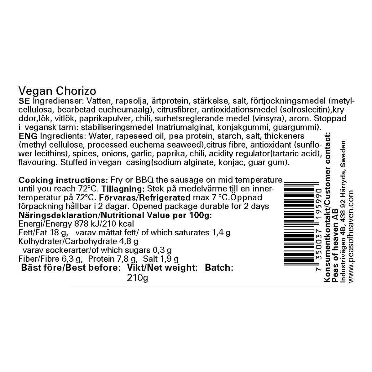 Peas Of Heaven Vegan Chorizo, 3 x 210g