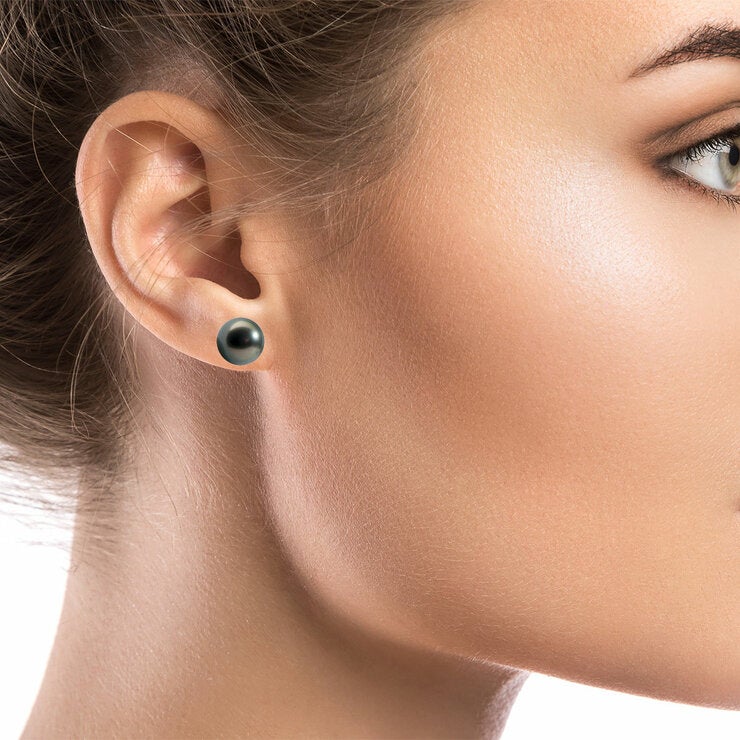 9-9.5mm Cultured Tahitian Pearl Stud Earrings, 14ct White Gold
