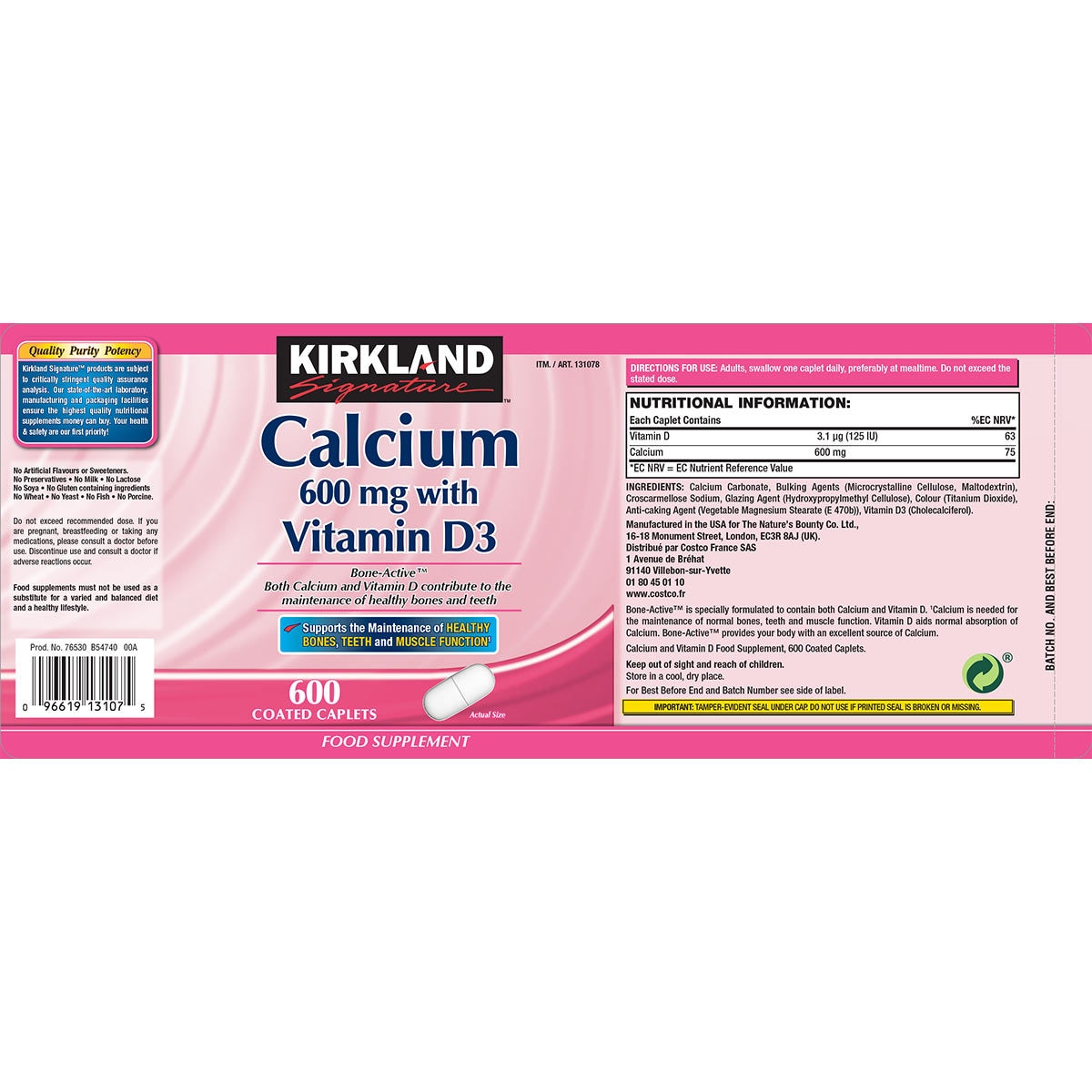 Kirkland Signature Calcium 600mg with Vitamin D3, 600 Coated Caplets