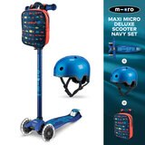 Micro Maxi Deluxe LED Navy Scooter with Small Blue Helmet and Vehicle Lunch Bag (5+ Years)