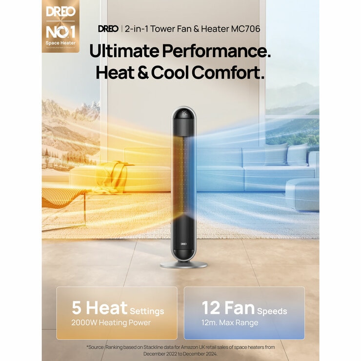 Lifestyle image of Dreo 2-in-1 Tower Fan & Heater with 5 heat setting and 12 fan speeds