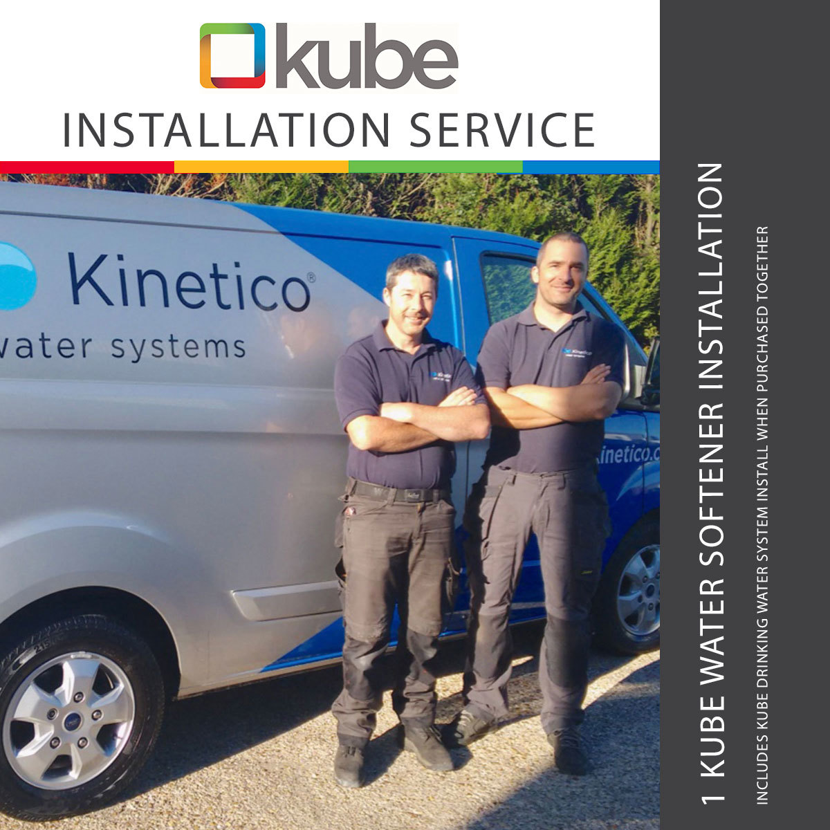 Image of two plumbers standing by Kinetico Van smiling and installation banner