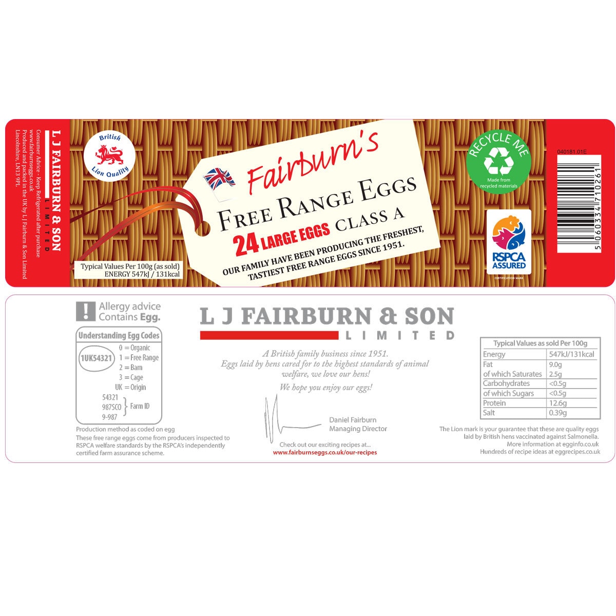 Fairburn's Large Free Range Eggs, Pack of 24