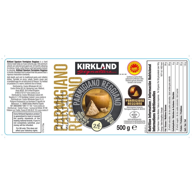 Kirkland Signature 24 Months Aged Shredded Parmigiano Reggiano, 500g