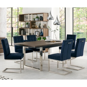 Bentley Designs Tivoli Dark Oak Extending Dining Table + 6 Navy Cantilever Chairs, Seats 6-8