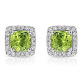 Cushion Cut Peridot & 0.13ctw Diamond Stud Earring, 14ct White Gold