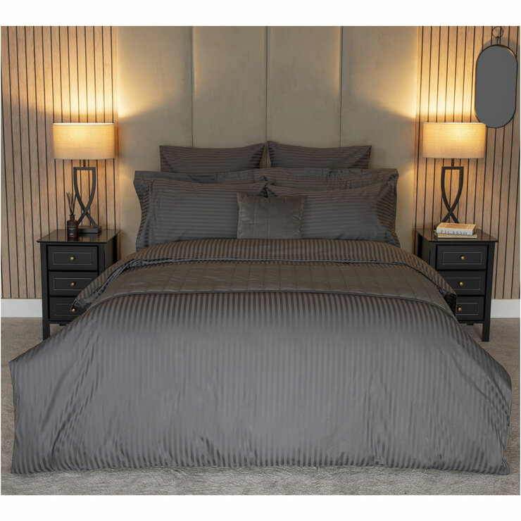 Belledorm 540 Thread Count Satin Stripe Charcoal Duvet Cover Set in 3 Sizes