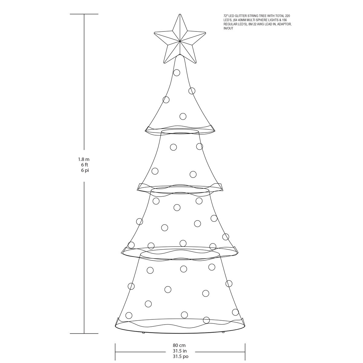 6ft LED Glitter String Tree Dimensions Image at Costco.co.uk