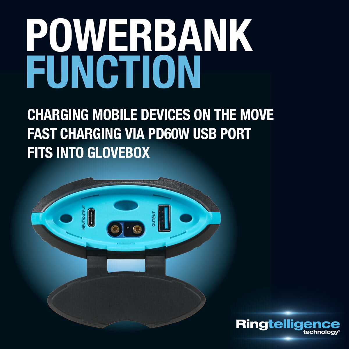 Graphic demonstrating the Ring Ultraboost 1500A Jumpstarter acts as a powerbank