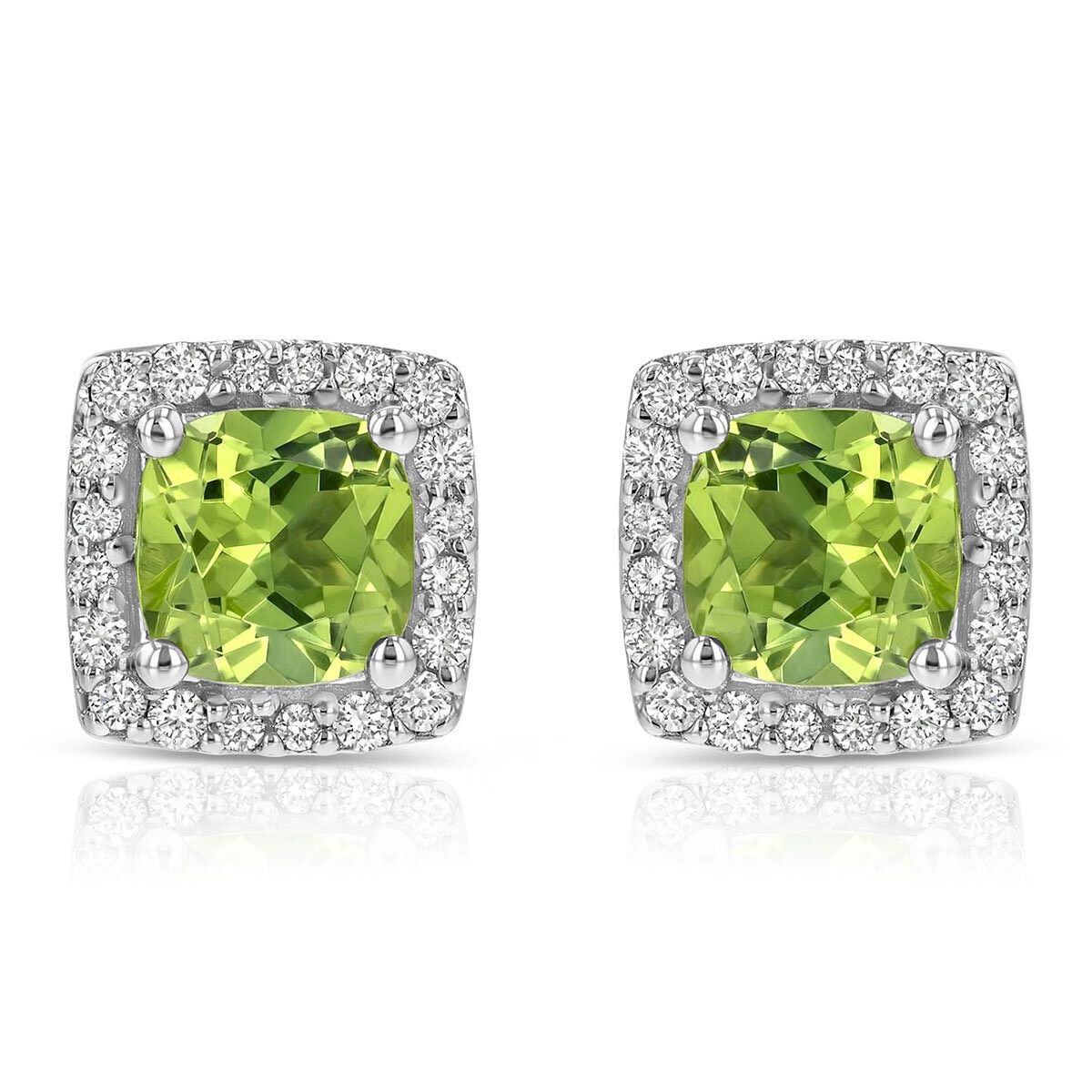 Cushion Cut Peridot & 0.13ctw Diamond Stud Earring, 14ct White Gold