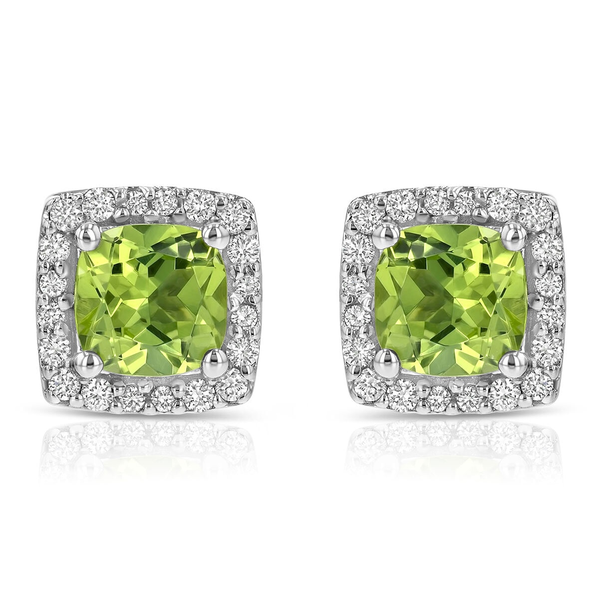 Cushion Cut Peridot & 0.13ctw Diamond Stud Earring, 14ct White Gold