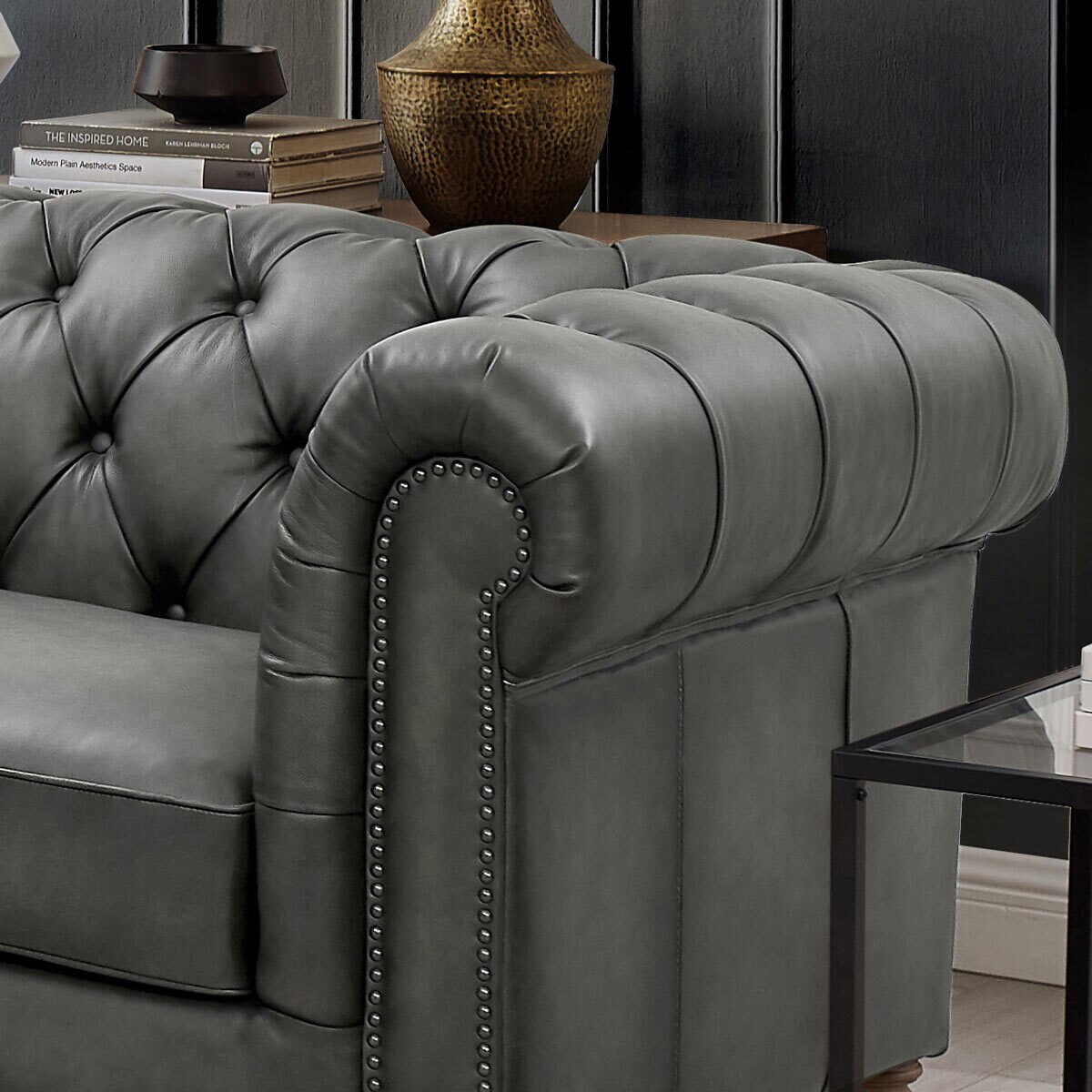 Allington Grey Leather Chesterfield Corner Sofa Costco UK