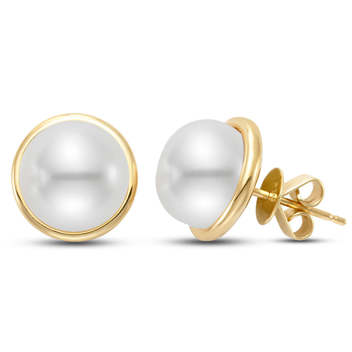 9-10mm Cultured Freshwater White Pearl Stud Earrings, 18ct Yellow Gold