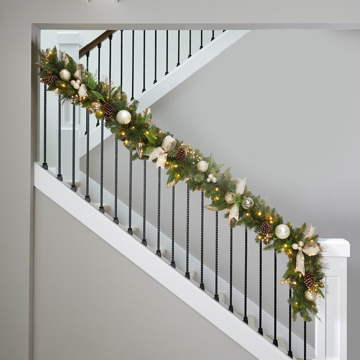 9ft (274.3 cm) PreLit Garland With Plug In Lights in Magnolia and Gold