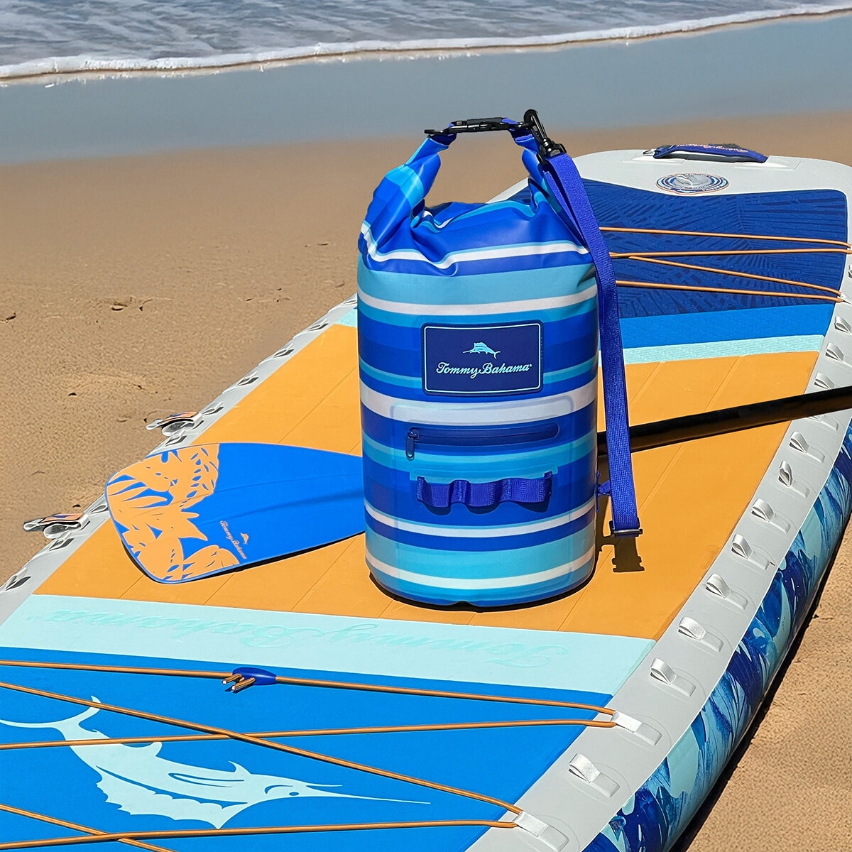 Lifestyle image of the dry bag on a paddleboard