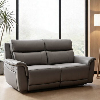 Oscar Grey Leather Power Reclining Large 2 Seater Sofa with Power Headrest