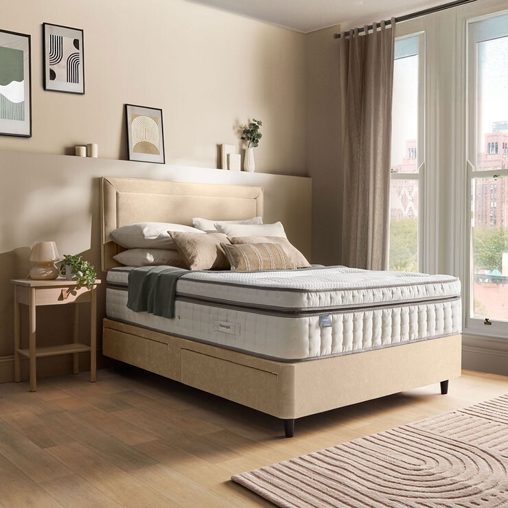 Silentnight Velvet 4 Drawer Divan Base with Malvern Headboard in Almond in 3 Sizes