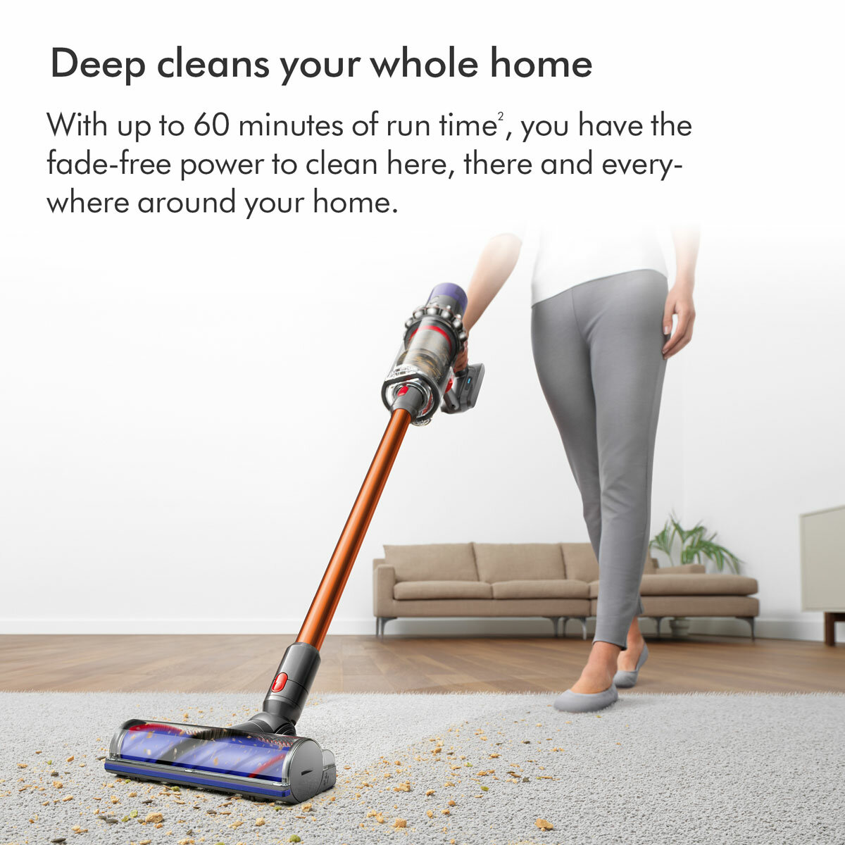 Lifestyle image of Dyson Cyclone V10 Submarine with up to 60 minutes of run time
