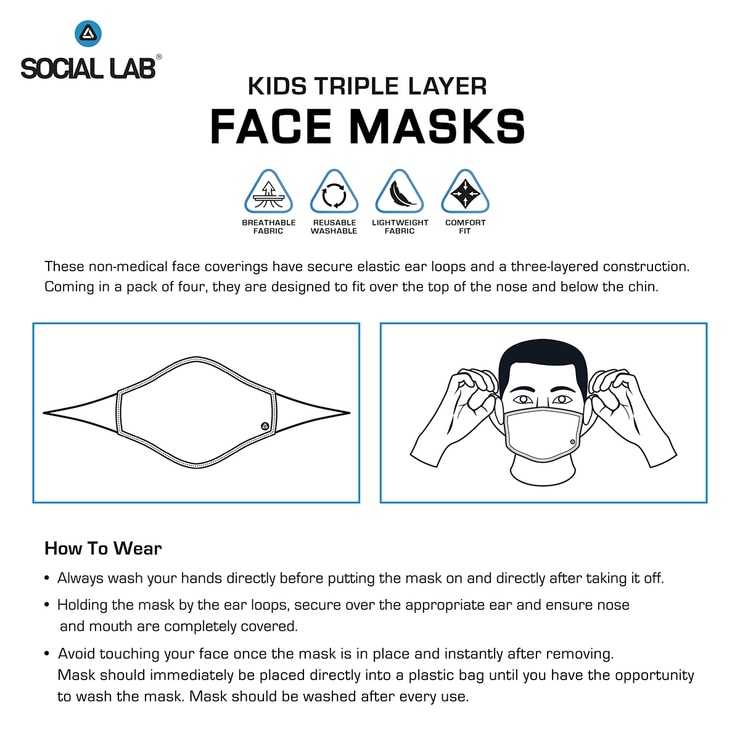 Social Lab Triple Layer Reusable Kid's Face Masks, 4 Pack Social Lab Triple Layer Reusable Kid's Face Masks, 4 Pack