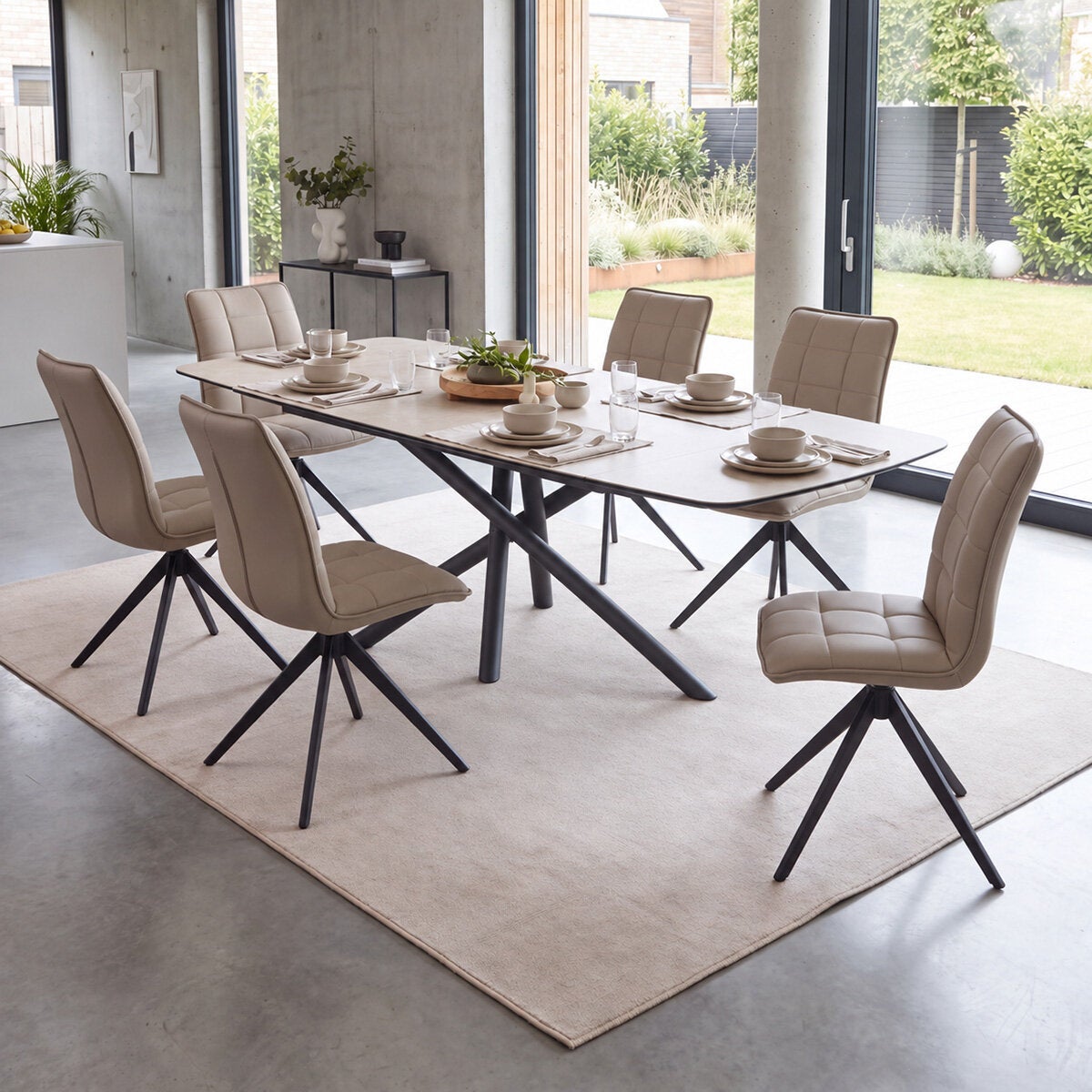 Indus Valley Skylar Large Extending Ceramic Dining Table + 6 Taupe Chairs, Seats 6-8