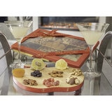 Walnut Tree Fruit & Nut Platter Closed with Contents Laid In Front with Two Drinks