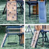 Lifestyle image of the rock wall, slide, web swing and climbing wall