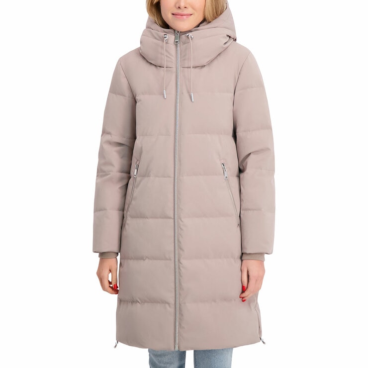 DKNY Ladies Long Down Coat with Hood in Taupe