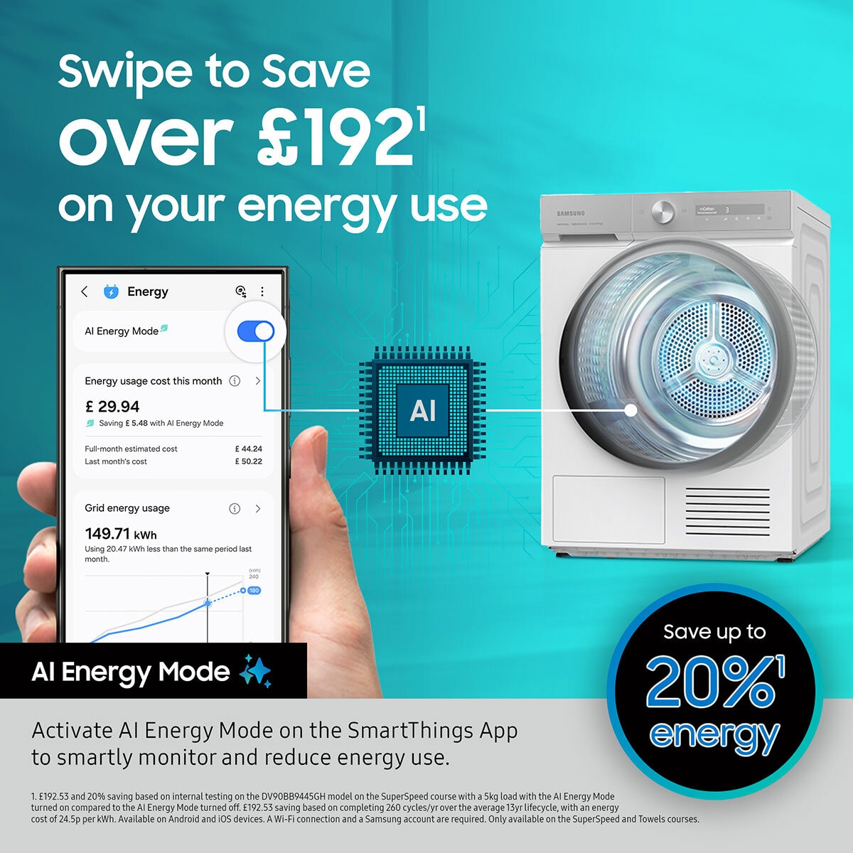 Samsung Series 7 AI Energy DV90T6240LB/S1 9KG Smart Heat Pump Tumble Dryer, A+++ Rated in Black