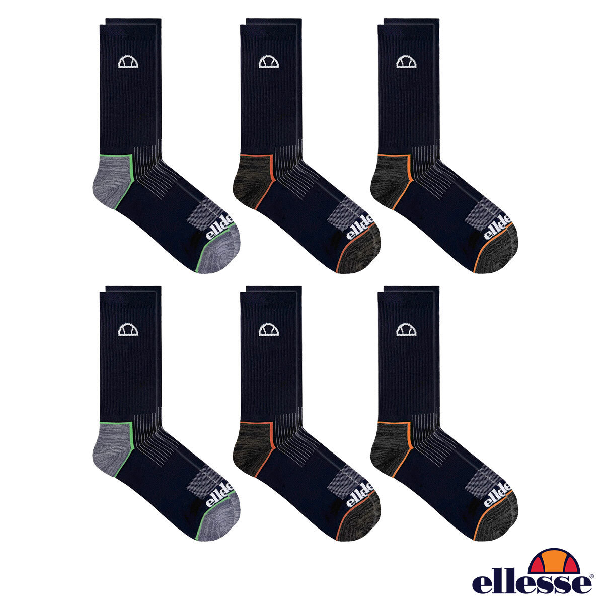Ellesse Men's Performance Crew Socks 6 Pack in Black