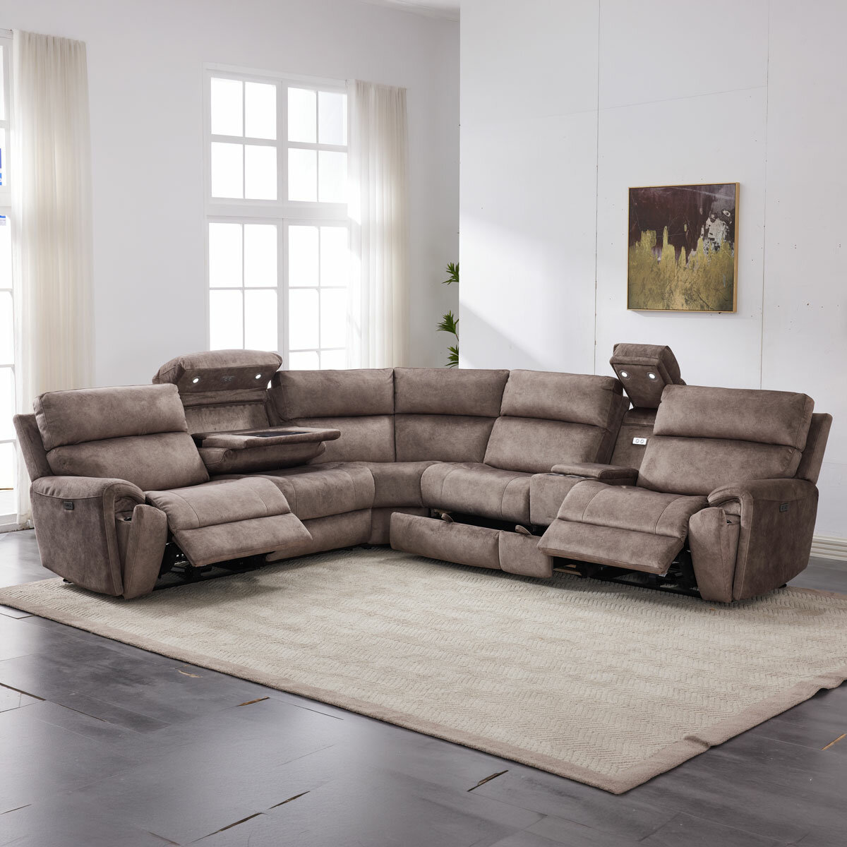 Corner Fabric Truffle Drawers open, Seats reclined, Cupholders open