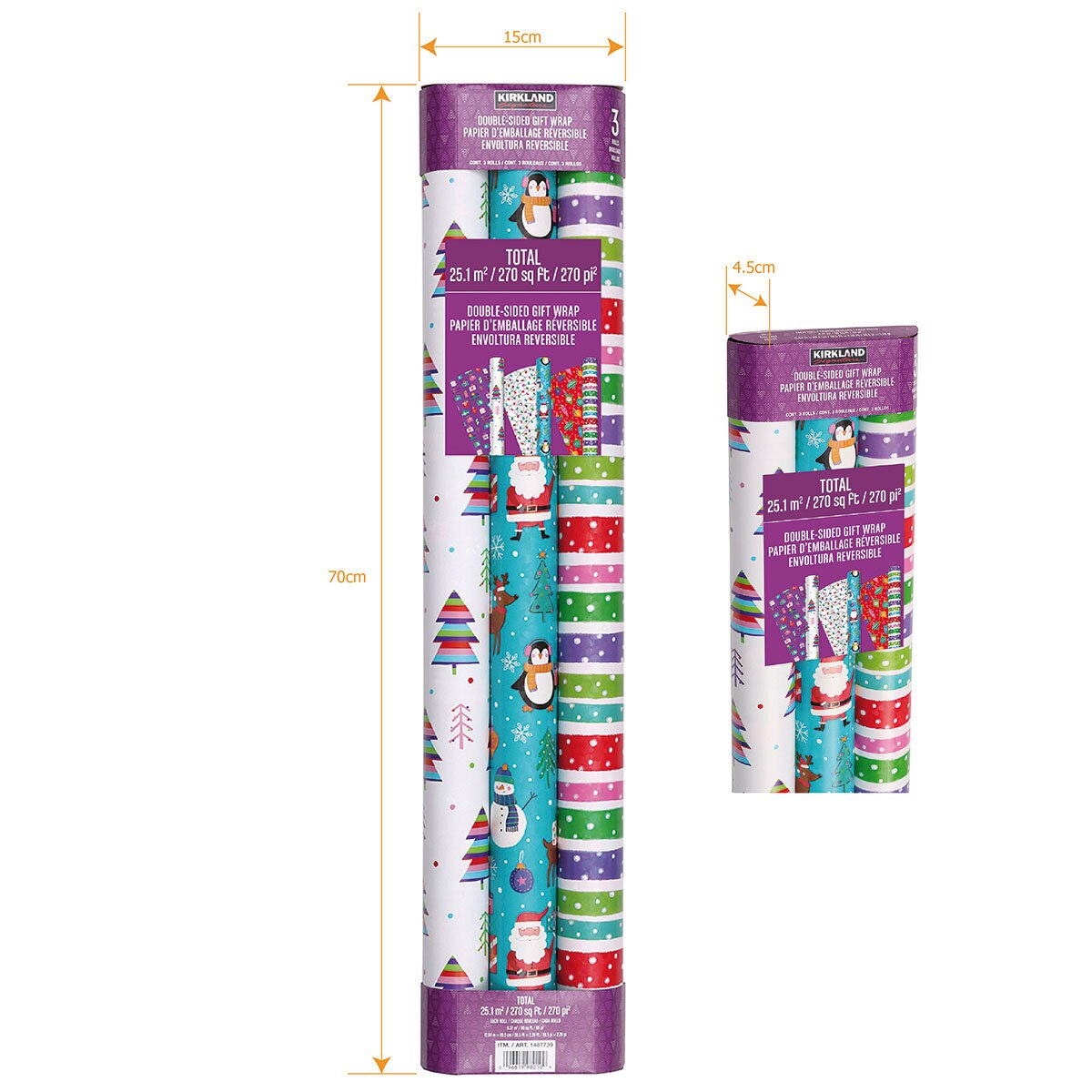 Kirkland Signature 540ft² (50.2m²) Bright Double Sided Gift Wrap - 2 Packs of 3