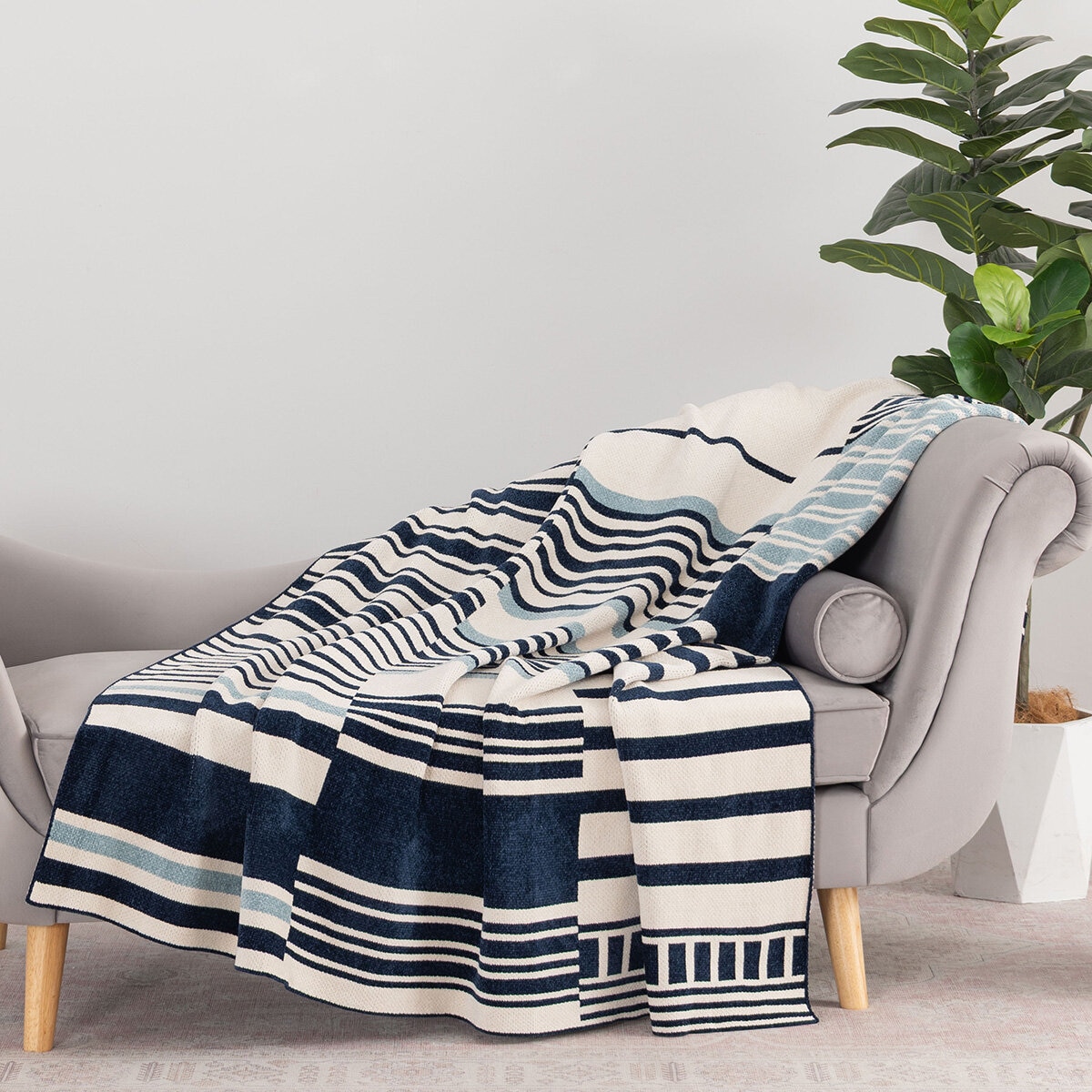 Berkshire Blue Striped Chenille Throw, 152 x 178 cm