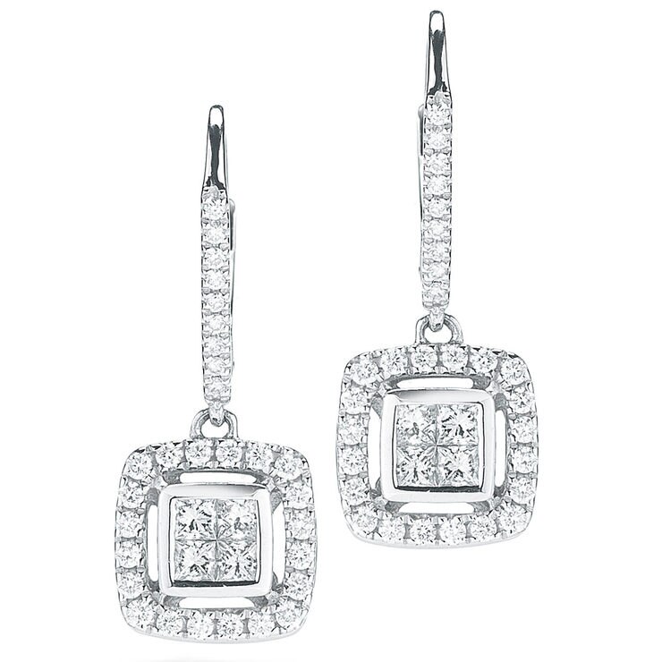 0.97ctw Princess and Round Brilliant Cut Diamond Earrings, 18ct White